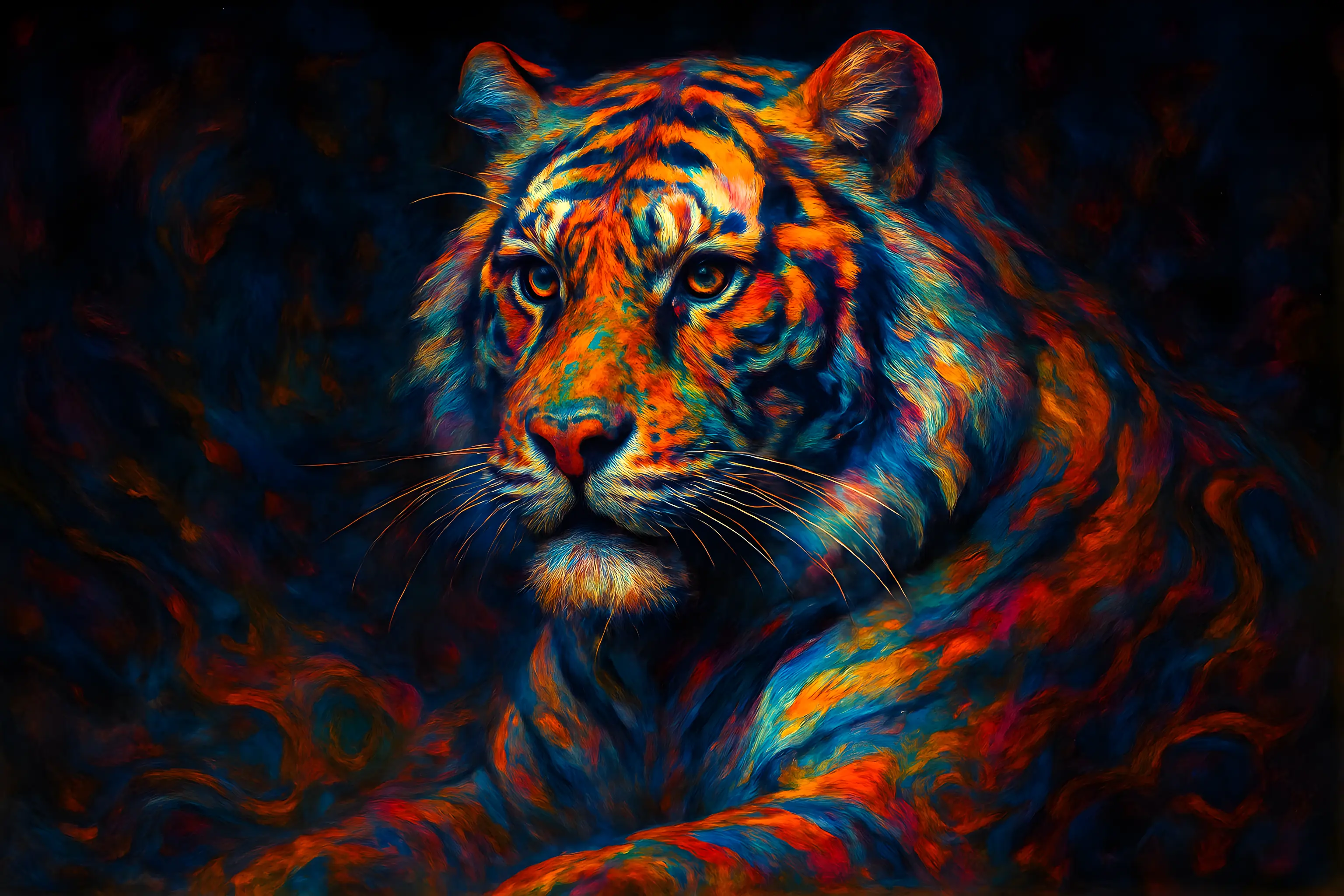 Close-Up of Tiger in Vibrant Multicolored Artistic Painting