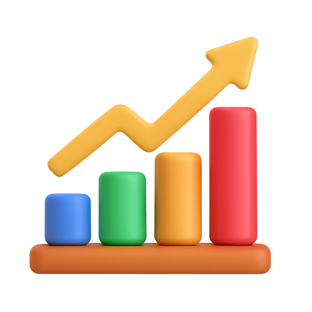 Colorful 3D Bar Chart with Arrow Indicating Business Growth