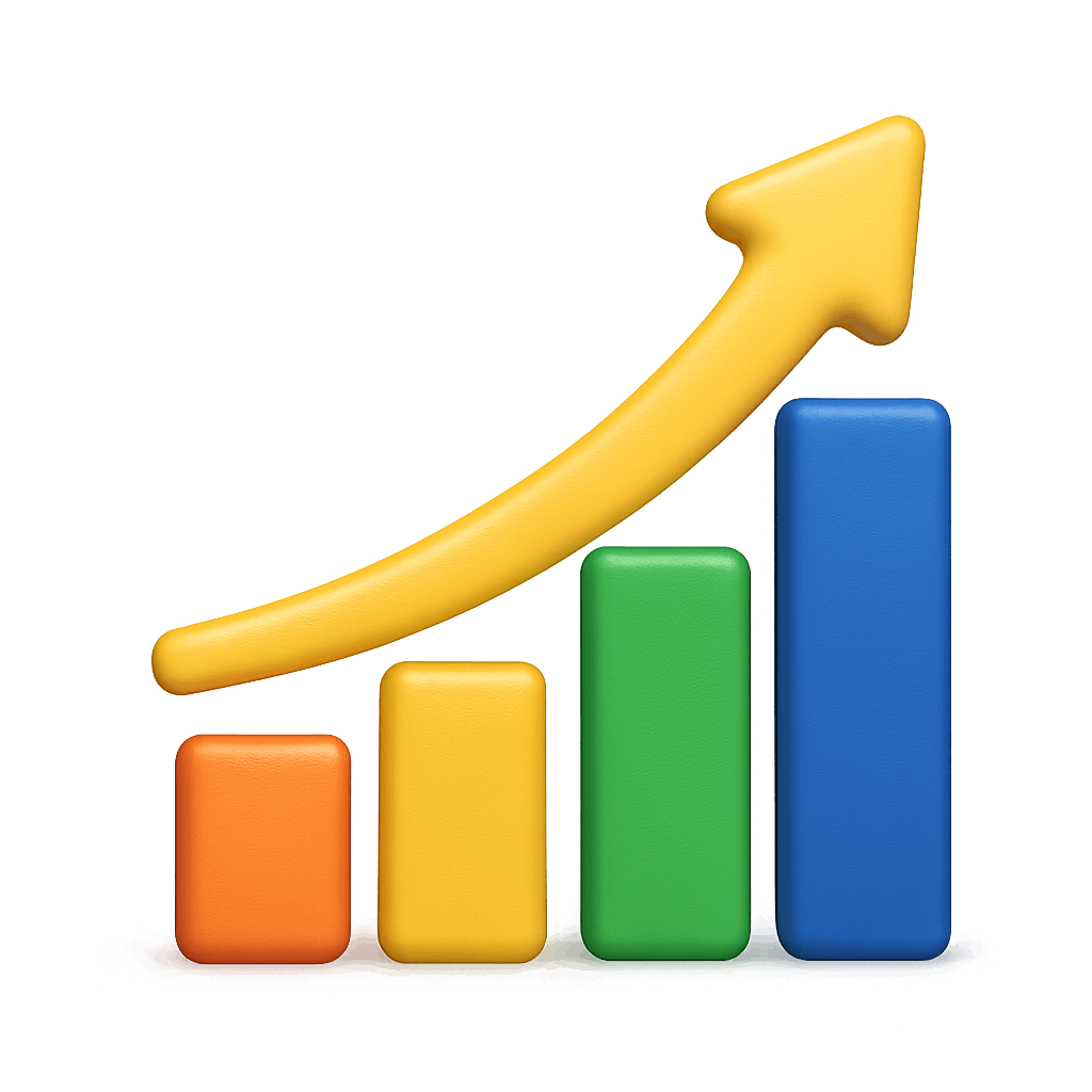 Colorful 3D Bar Chart with Upward Trend Arrow on Transparent Background