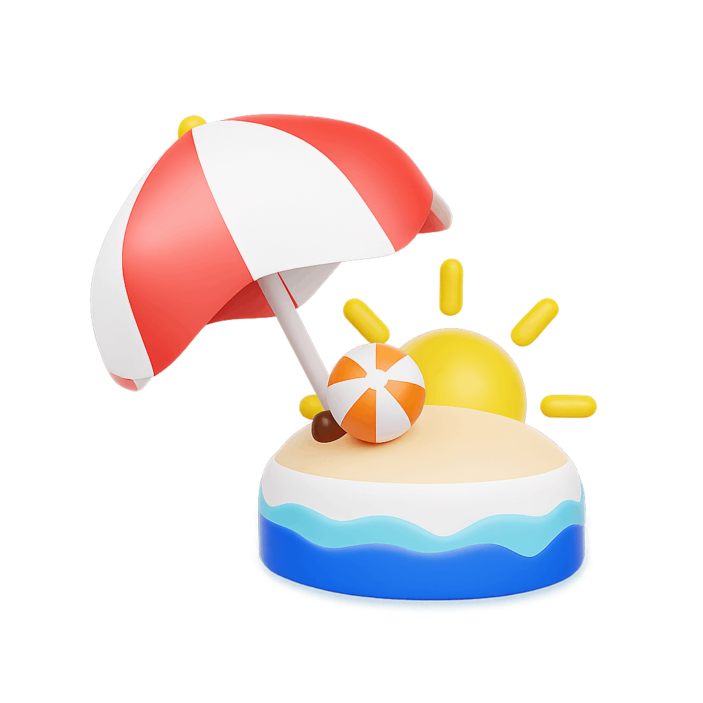 Colorful Beach-Themed 3D Illustration with Sand, Sun, and Umbrella