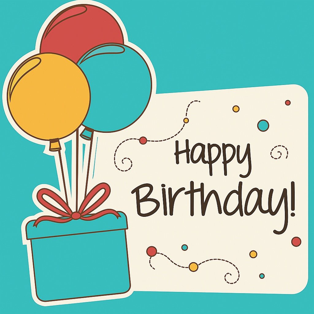 Colorful Birthday Greeting Card with Balloons and Gift Box Illustration