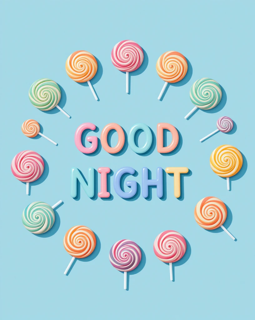 Colorful Candy Lollipops Arranged Around Good Night Text on Blue Background