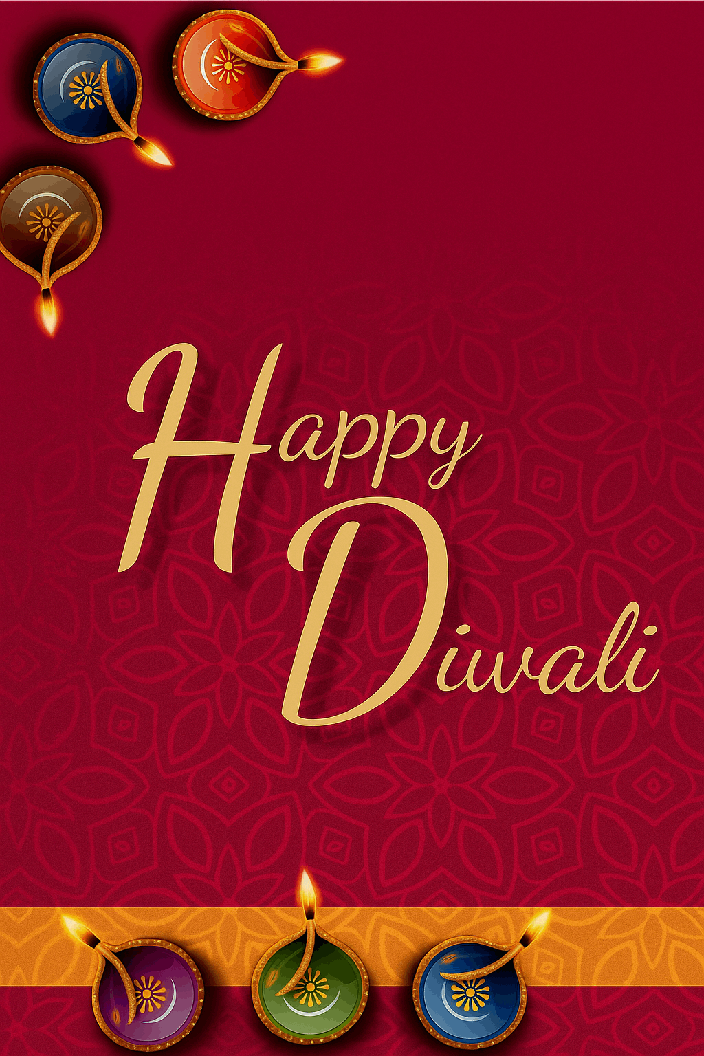 Colorful Diwali Greeting Card with Lit Diyas and Decorative Patterns