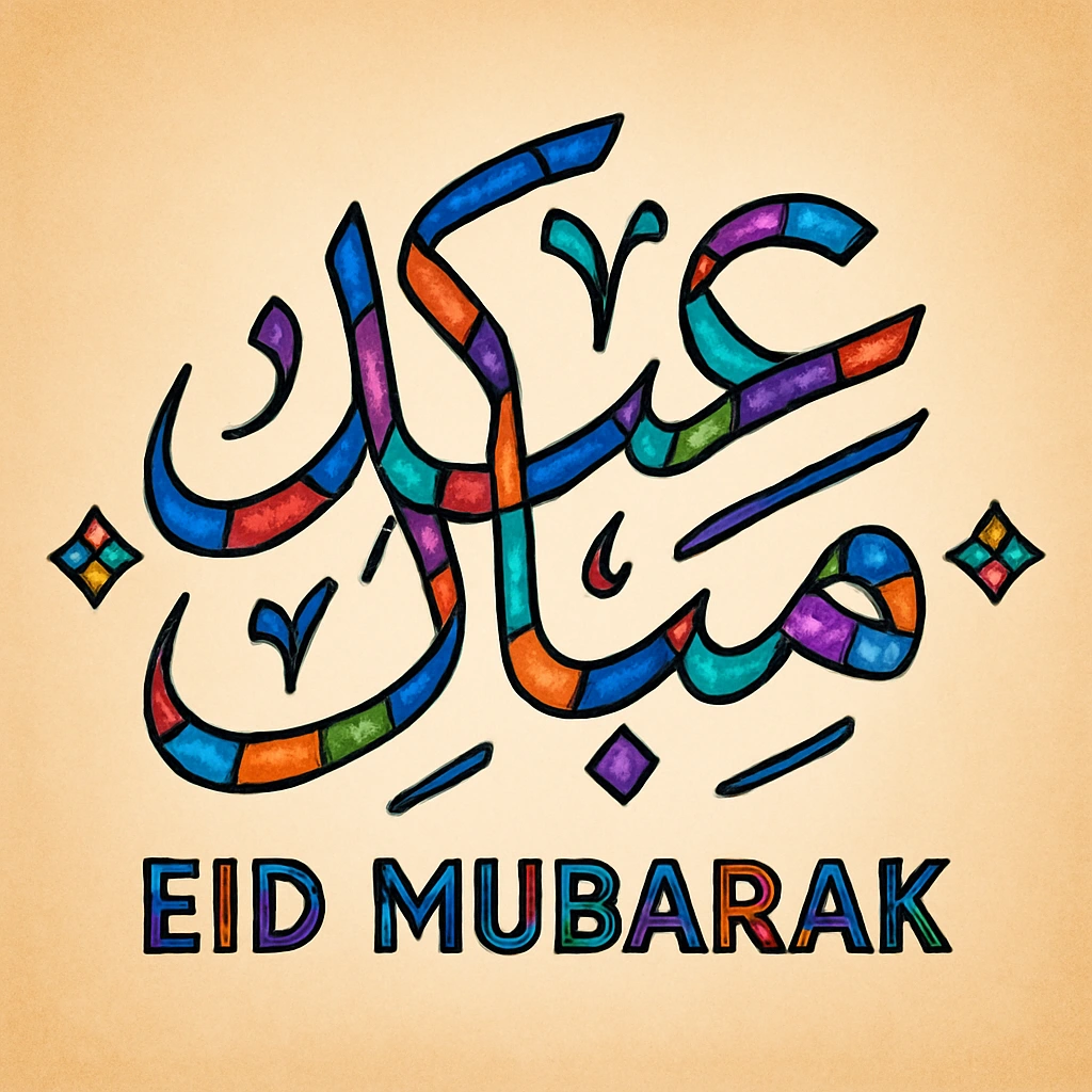 Colorful Eid Mubarak Calligraphy Art with Vibrant Stained Glass Effect