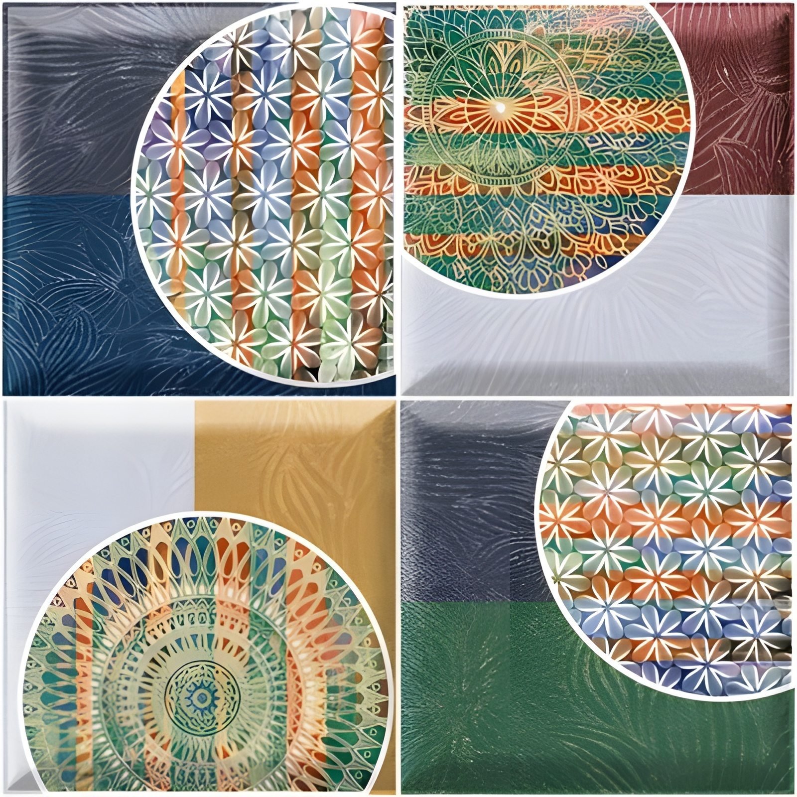Colorful Geometric Mandala Collage With Round Patterns and Tiled Backgrounds in Abstract Quilt Style