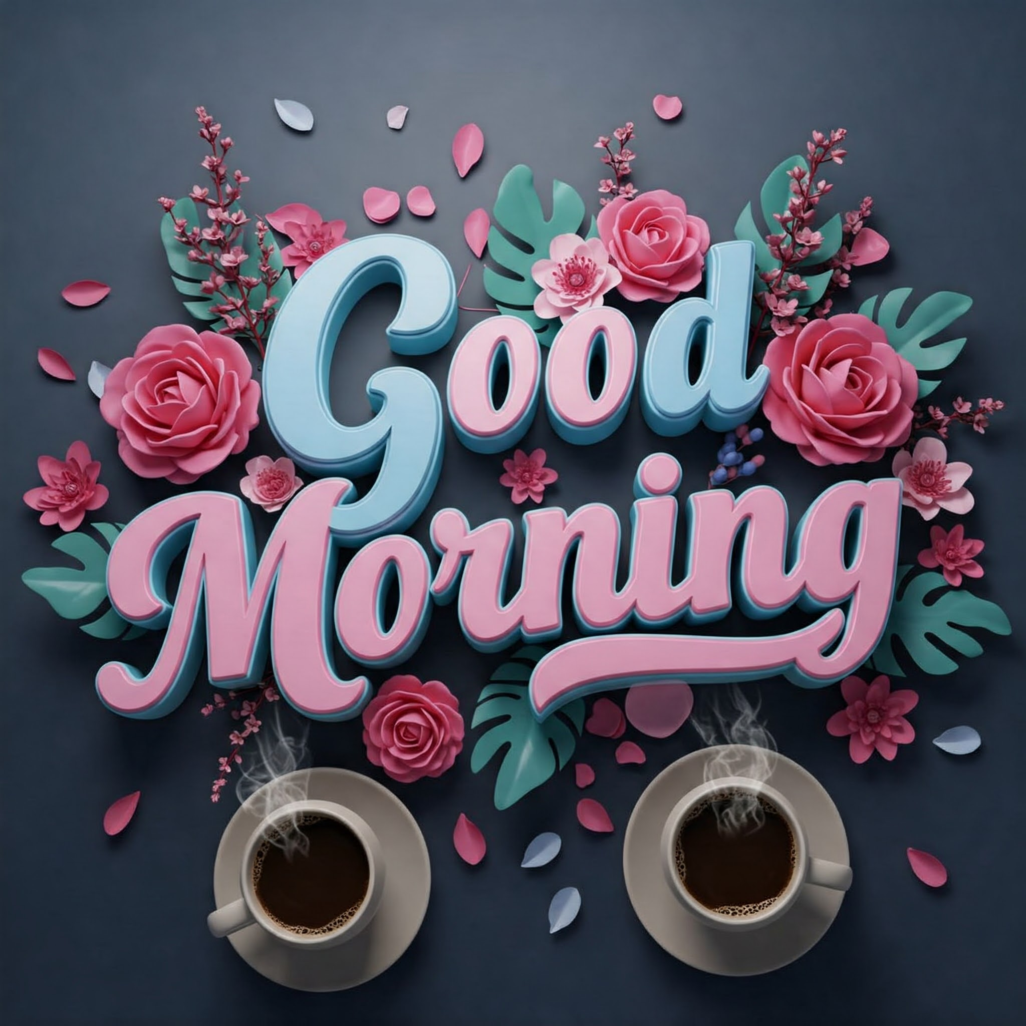 Colorful Good Morning Design with Coffee Cups and Floral Decor