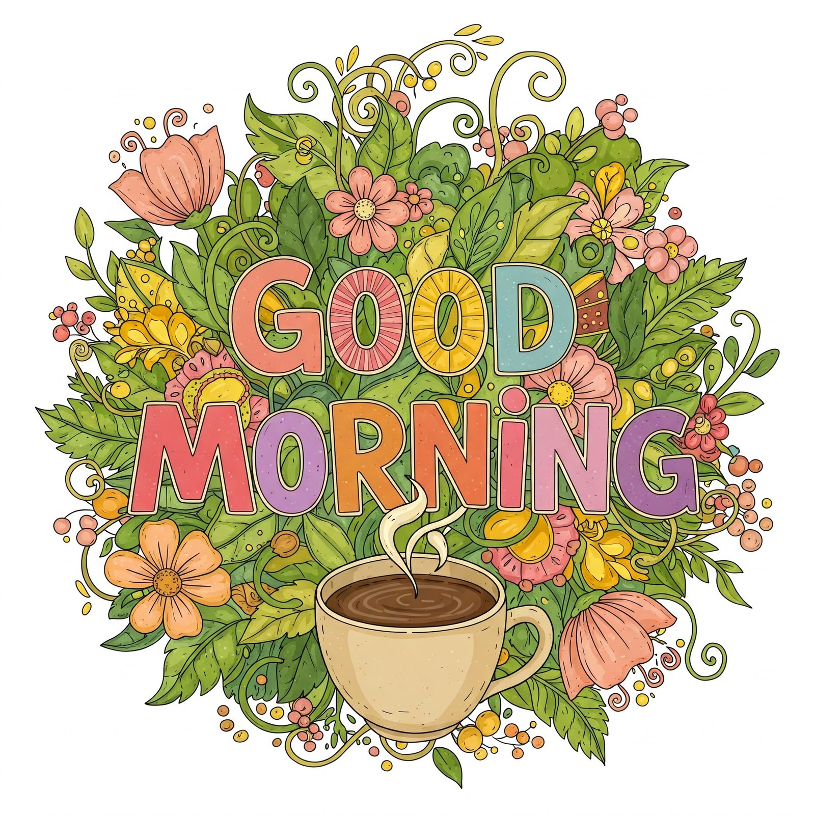 Colorful Good Morning Illustration with Floral Elements and Coffee Cup