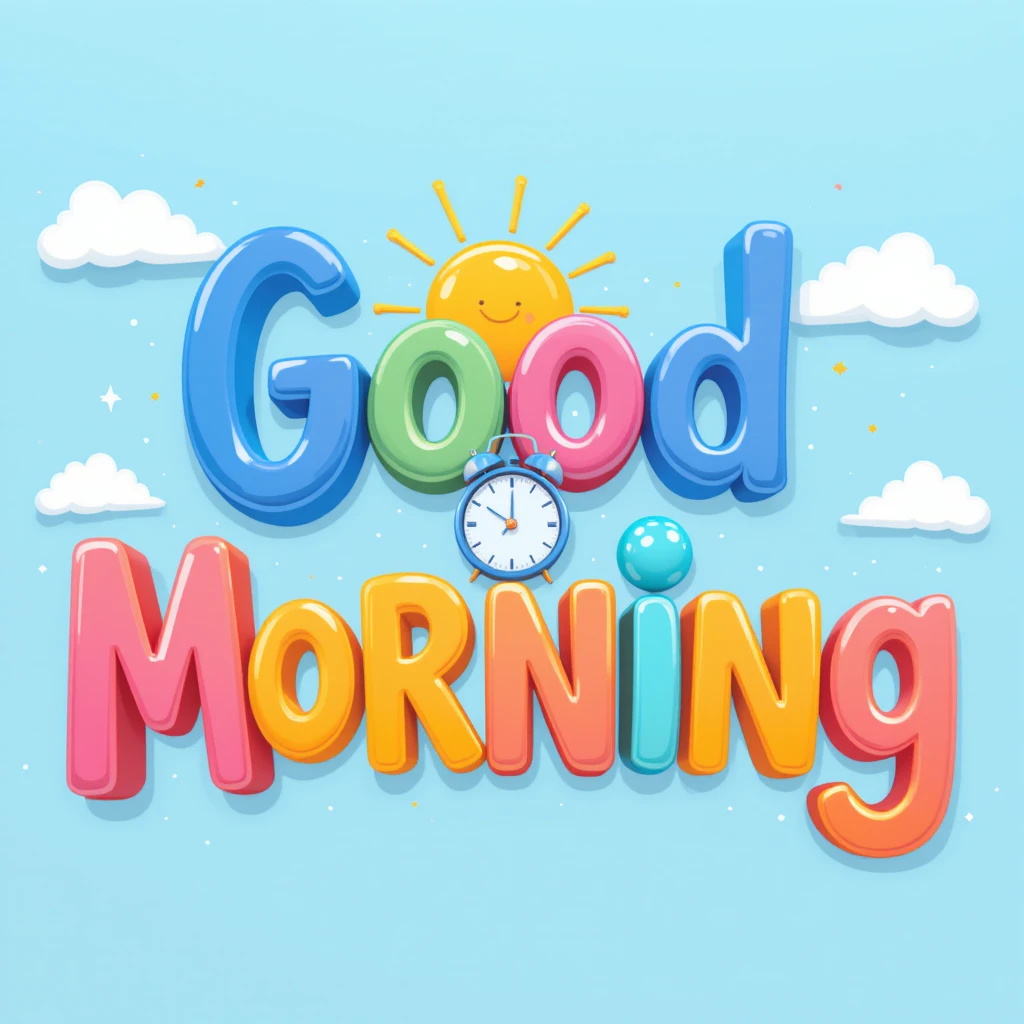 Colorful Good Morning Text Design With Sun, Clouds, And Clock Illustration