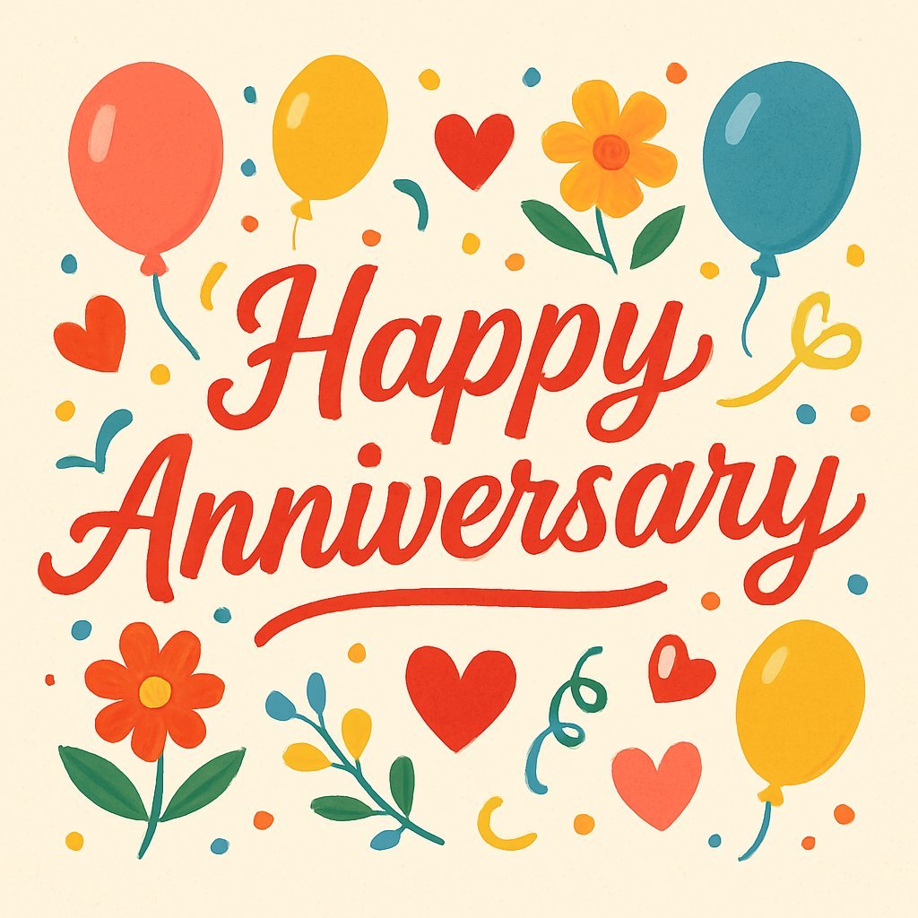 Colorful Happy Anniversary Card With Balloons, Hearts, and Floral Decorations