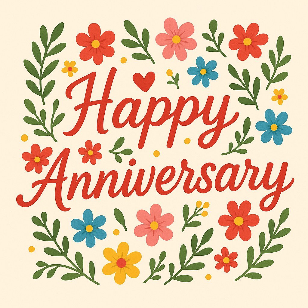 Colorful Happy Anniversary Greeting Card with Flowers and Decorative Text