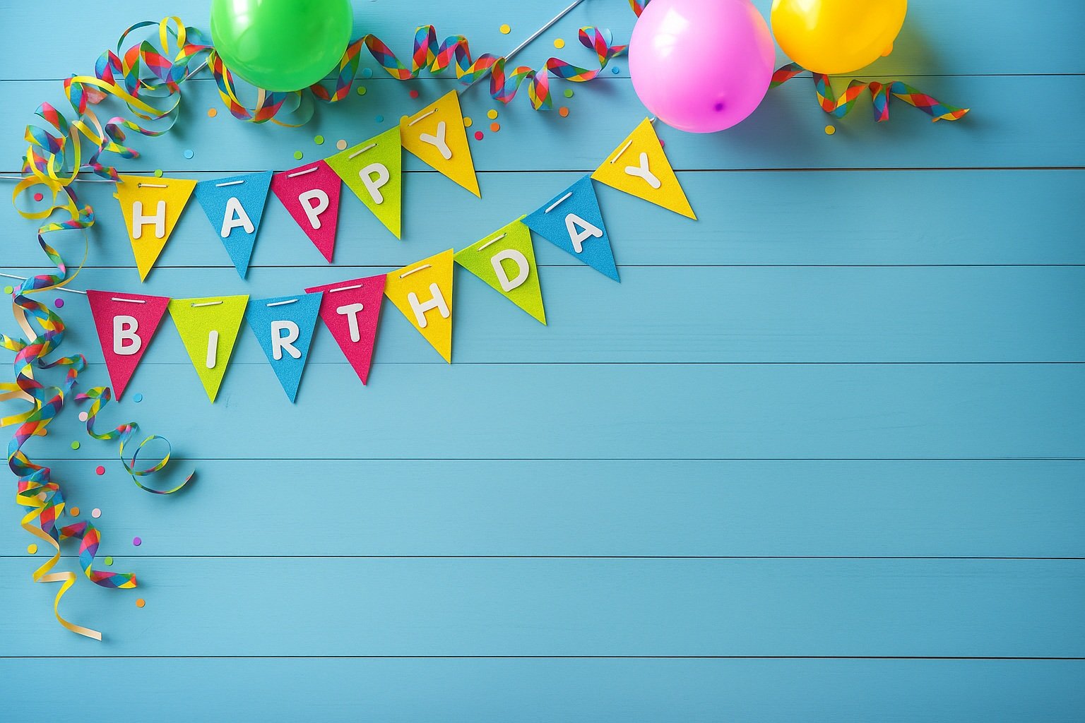 Colorful Happy Birthday Banner with Balloons on Blue Wooden Background