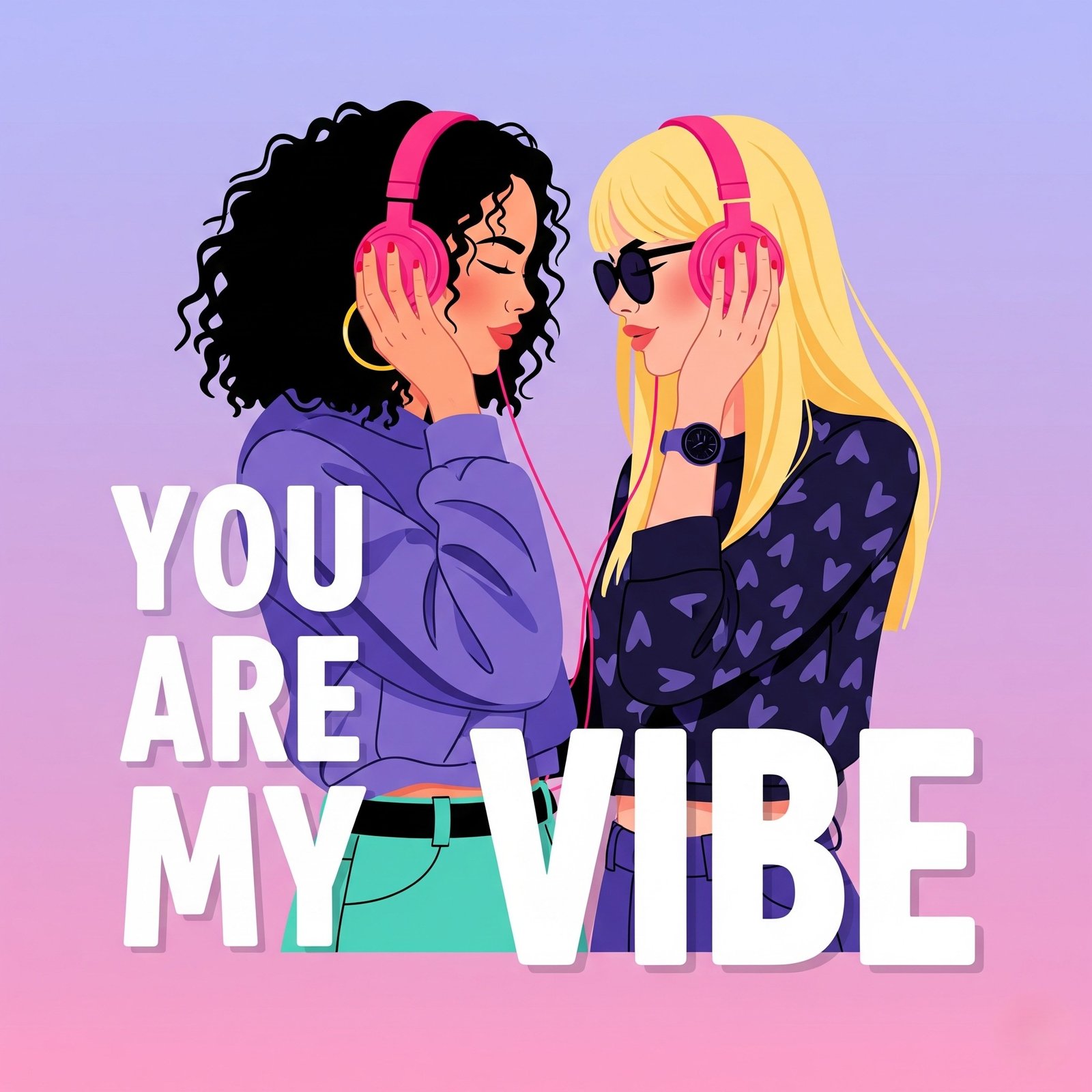 Colorful Illustration of Friendship Featuring Two Women Enjoying Music Together