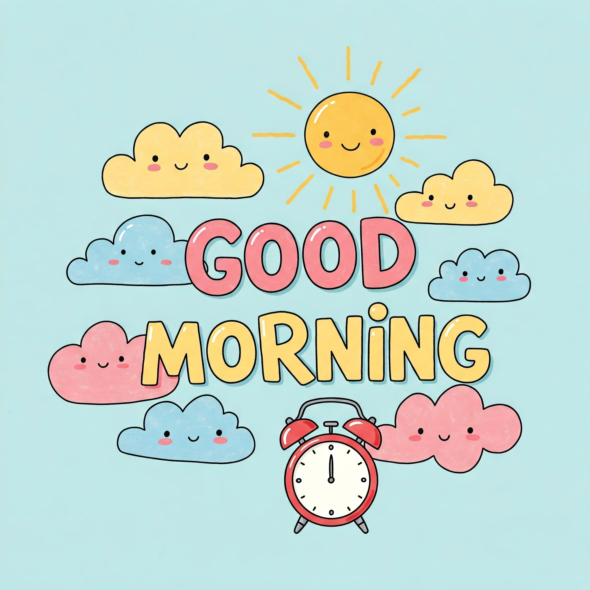Colorful Illustration of Happy Morning Clouds with Alarm Clock and Sunlight