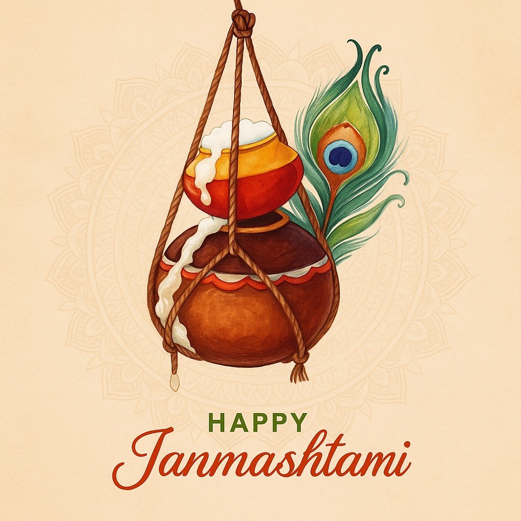 Colorful Janmashtami Celebration with Traditional Pots, Milk, and Peacock Feathers