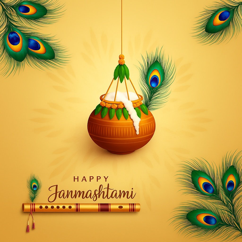Colorful Janmashtami Festive Poster Featuring Flute, Pot, and Peacock Feathers