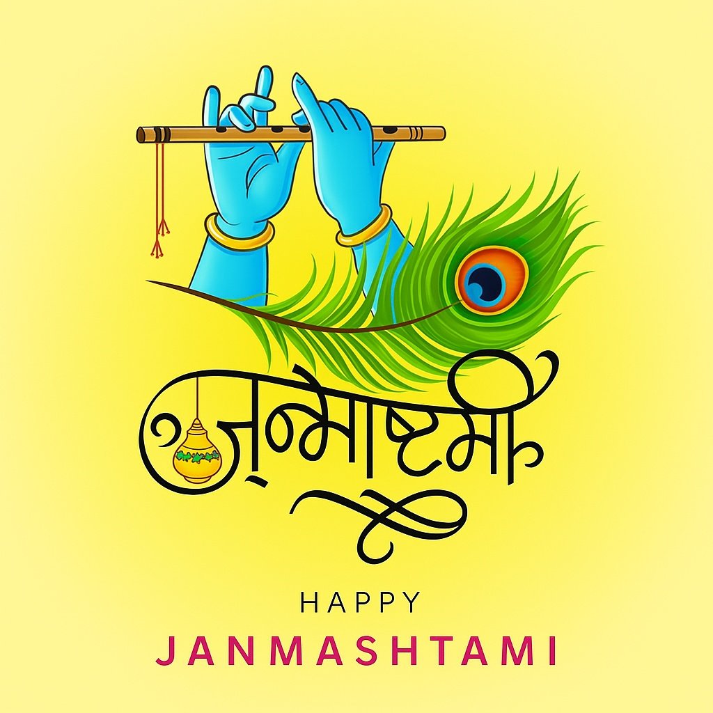Colorful Janmashtami Greeting with Flute and Peacock Feather Art