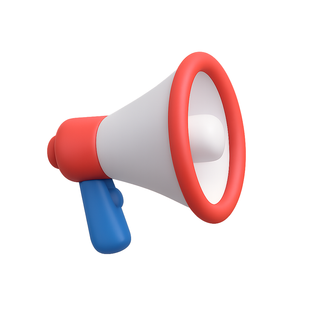 Colorful Megaphone Illustration with Red and Blue Accents on Transparent Background