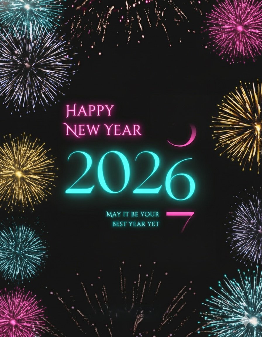 Colorful Neon Fireworks 2026 Celebration Graphic