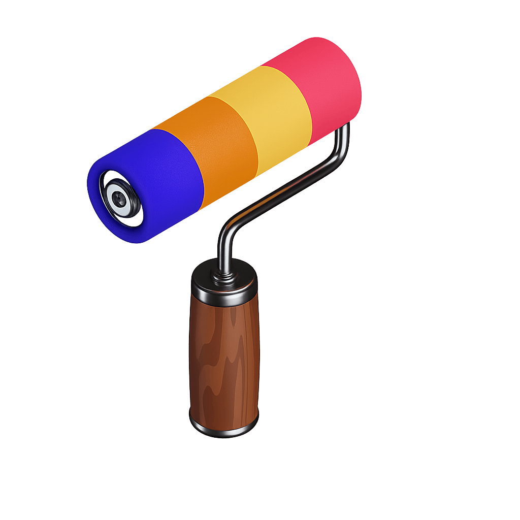 Colorful Paint Roller with Wooden Handle Isolated on Transparent Background