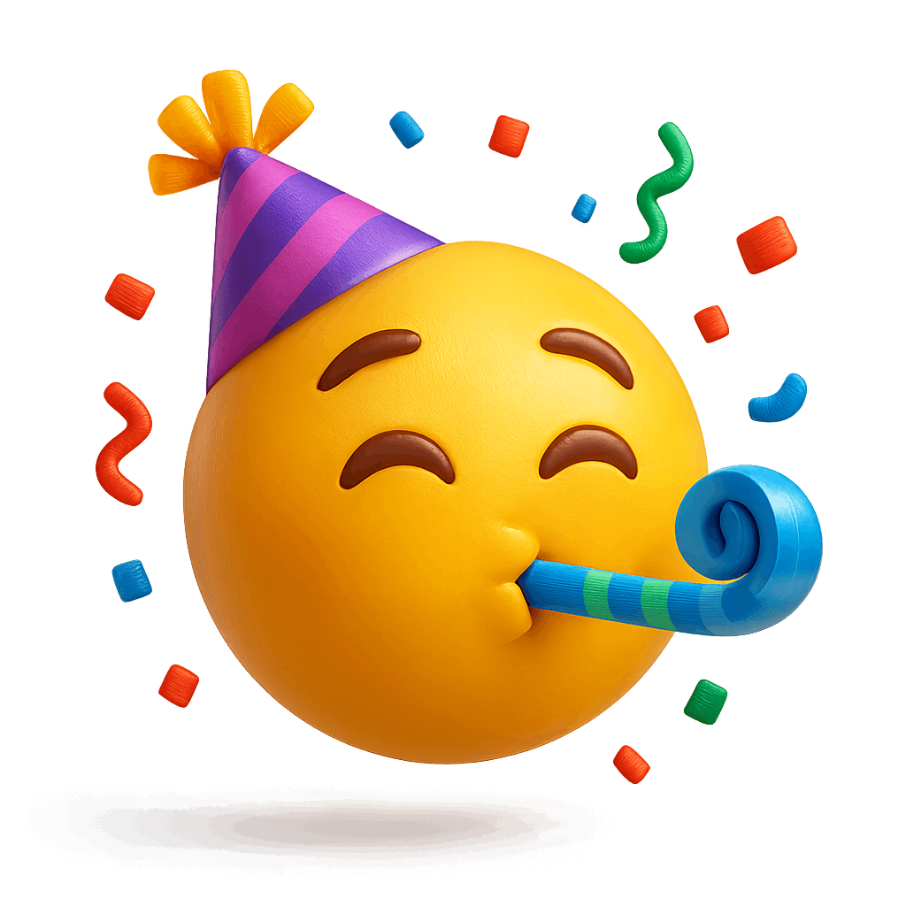 Colorful Party Emoji Celebrating with Confetti and Party Horn on Transparent Background