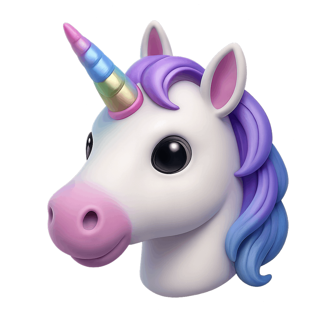 Colorful Unicorn Emoji Head With Vibrant Mane and Rainbow Horn on transparent