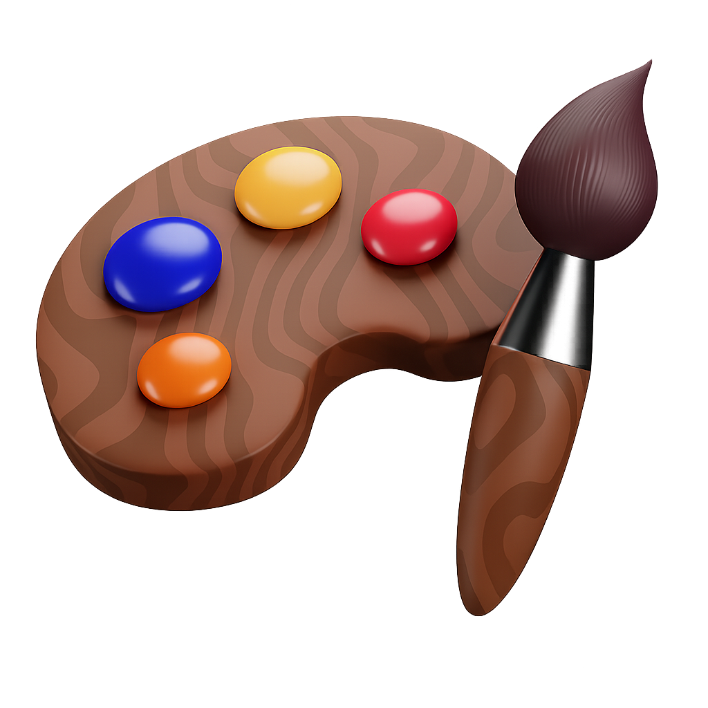 Colorful Wooden Artists Palette with Brush and Bright Paint Blobs