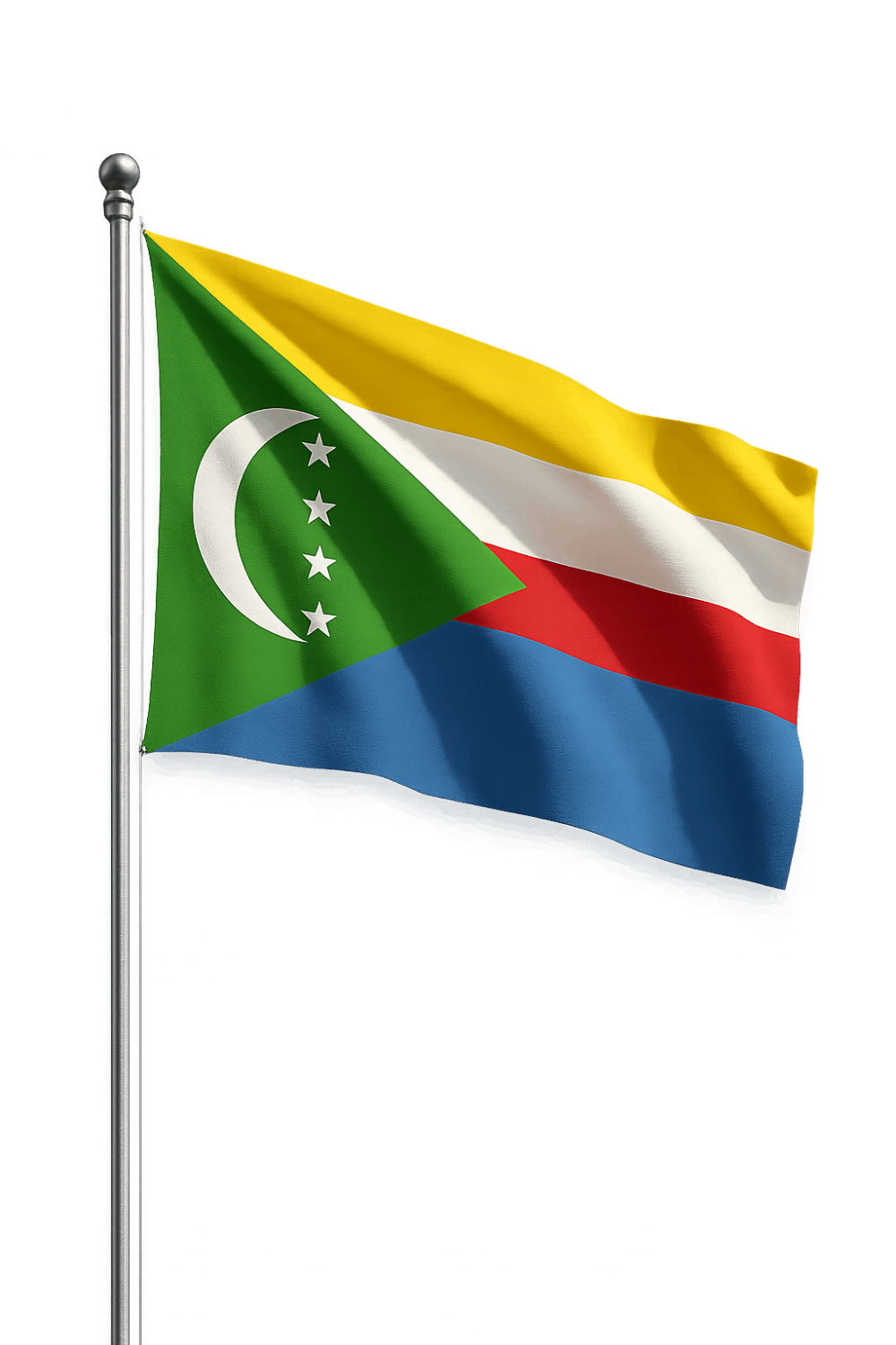Comoros Flag Flying on Pole, Transparent Background.