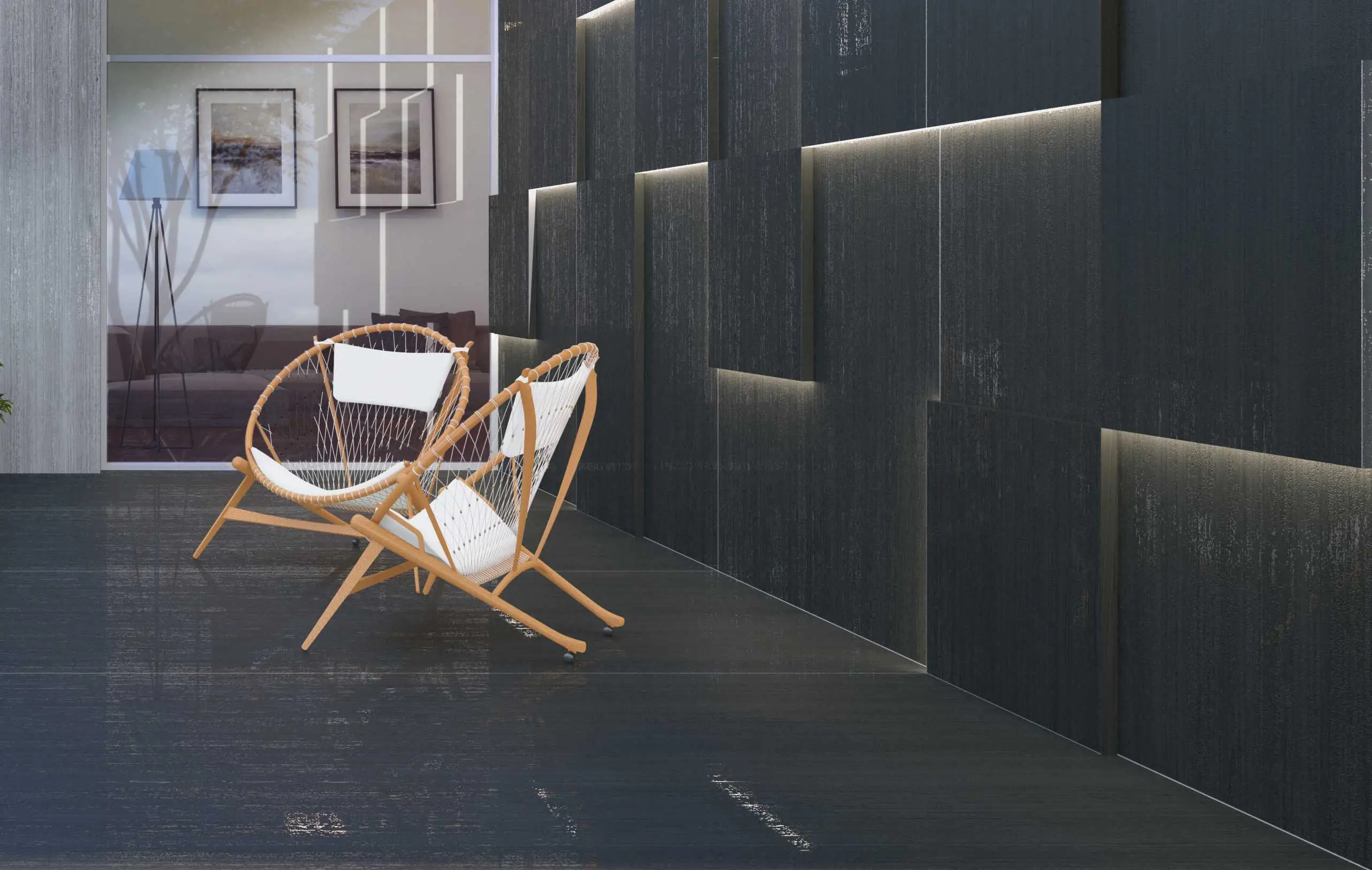 Contemporary Patio with Wegner Circle Chairs and Textured Walls