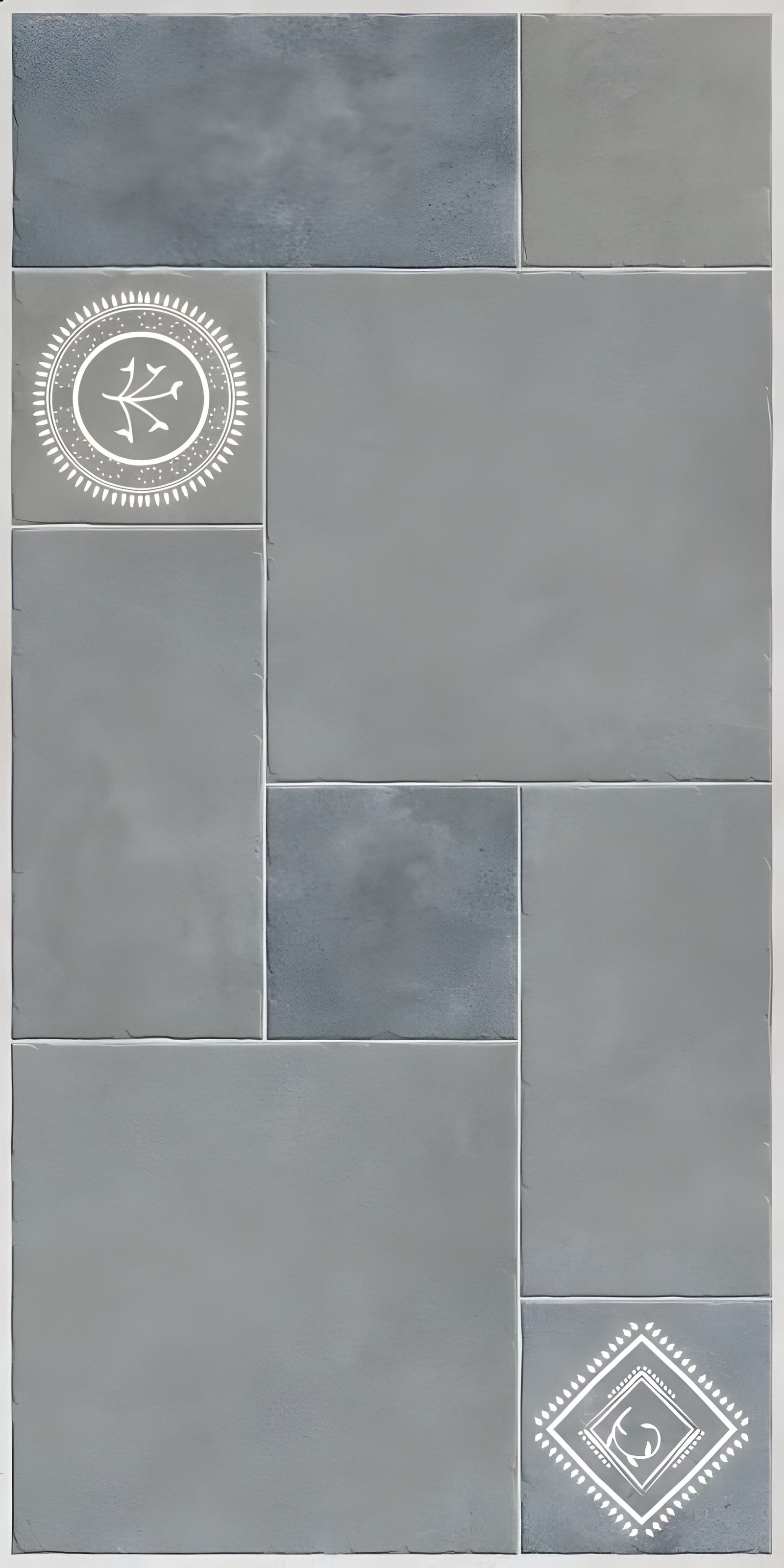 Cool Grey Mixed Tile Layout with White Motifs