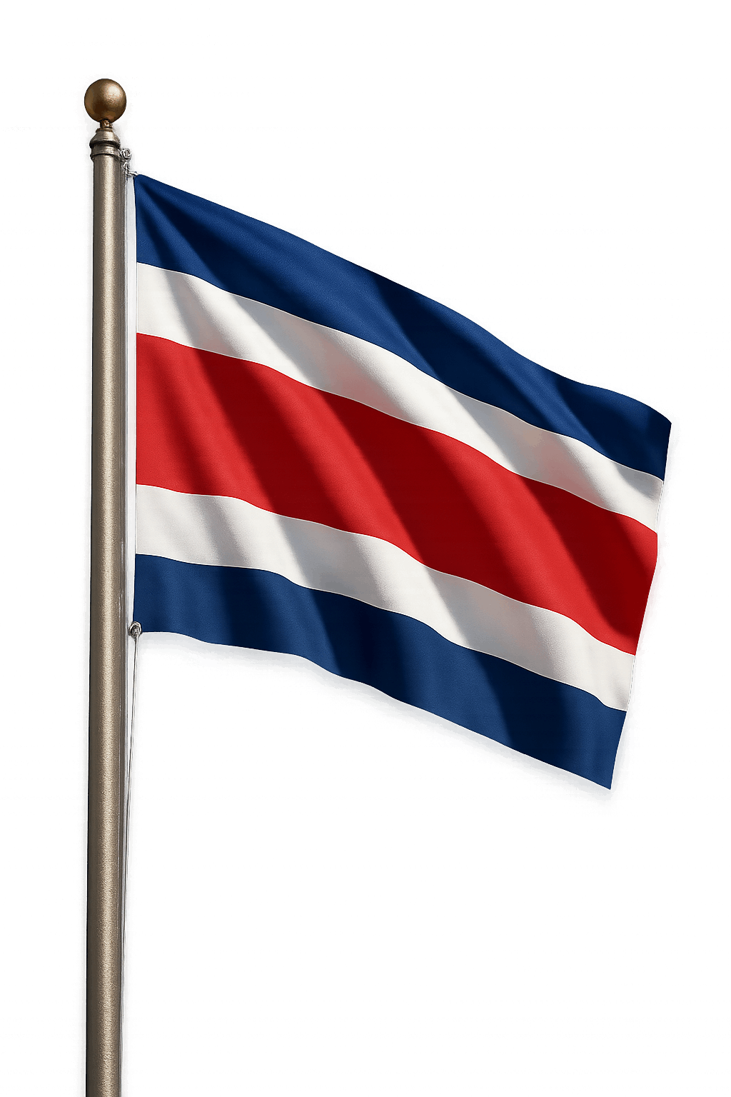 Costa Rica Flag Flying on Pole, Transparent Background.