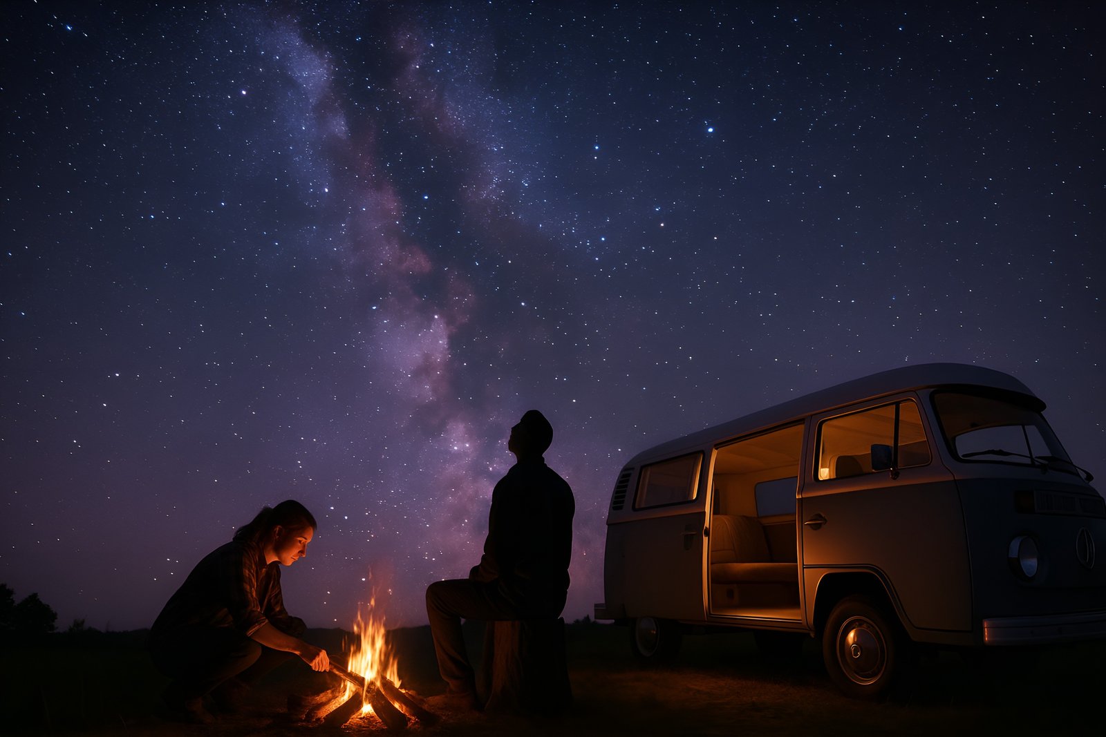 Couple by Campfire Under Starry Sky Next to Vintage Van at Night