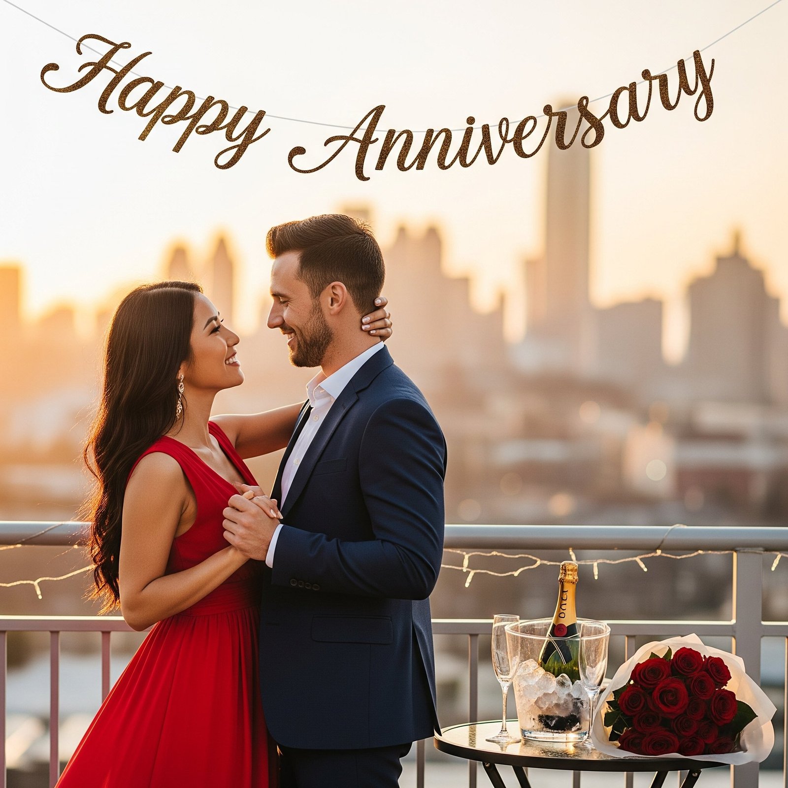 Couple Celebrating Anniversary on Balcony with City Skyline and Champagne