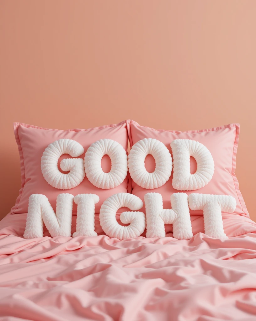 Cozy Bedding Arrangement with Words 'Good Night' on Pink Background