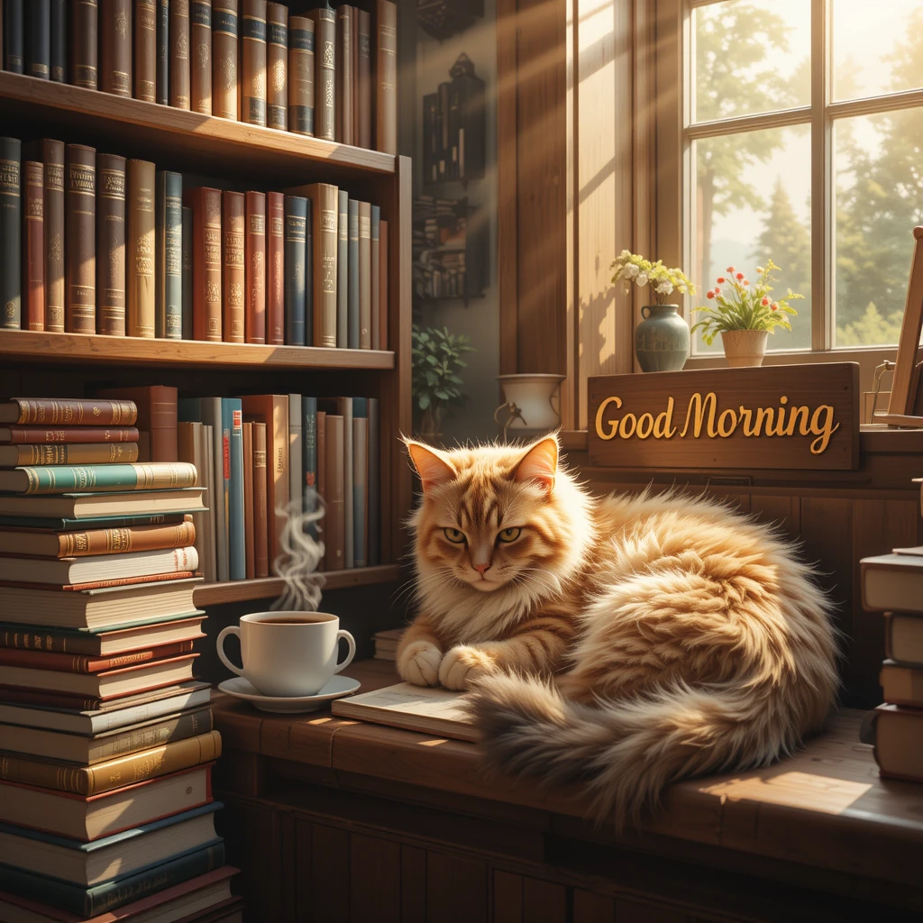 Cozy Library Morning with a Cat and Coffee Near Books