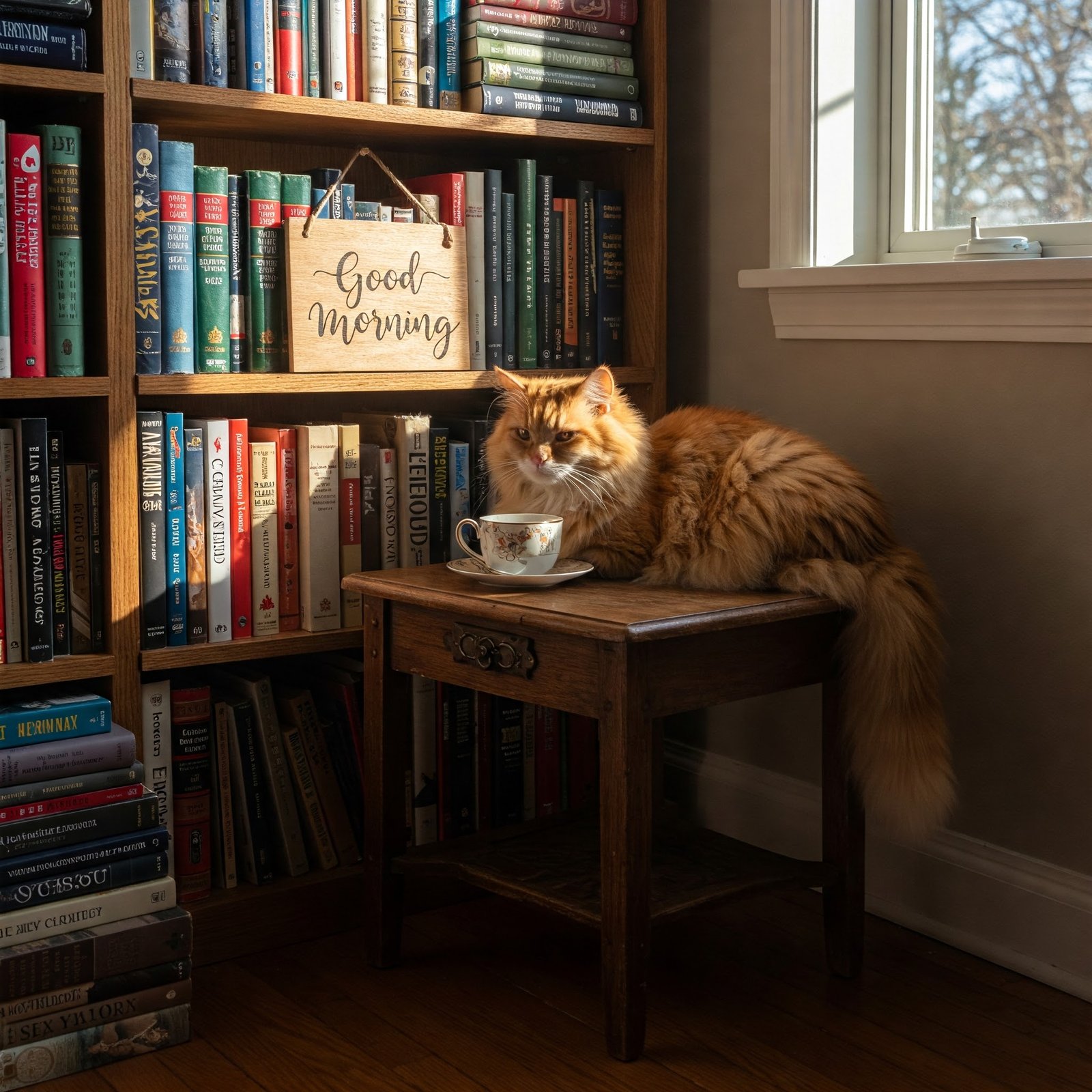 Cozy Morning Scene With a Cat Near Bookshelf and Cup of Tea