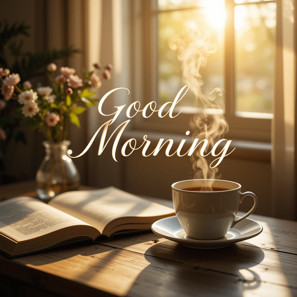 Cozy Morning Scene with Coffee, Book, and Sunlit Flowers