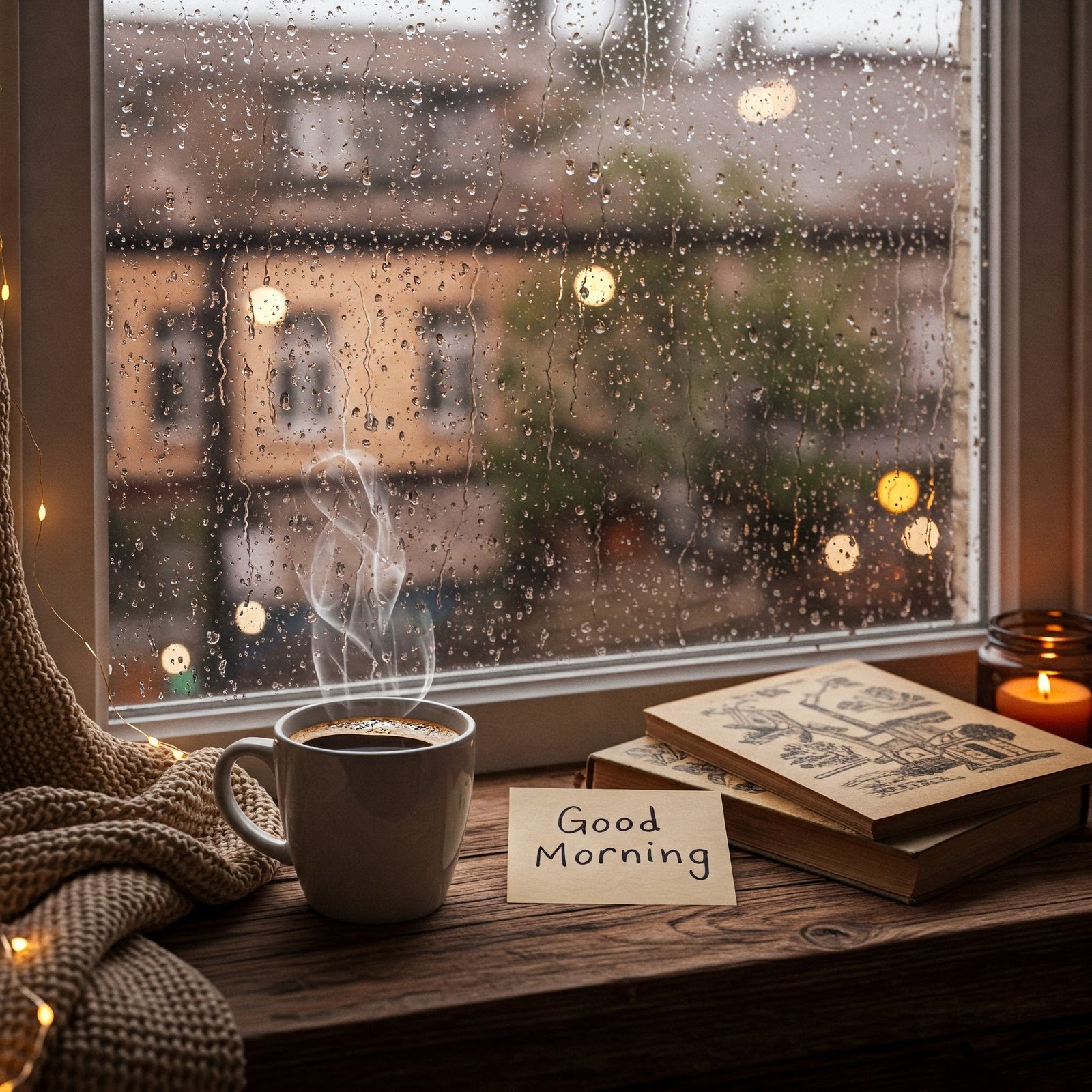 Cozy Morning Window Scene With Coffee, Books, and Rainy Weather