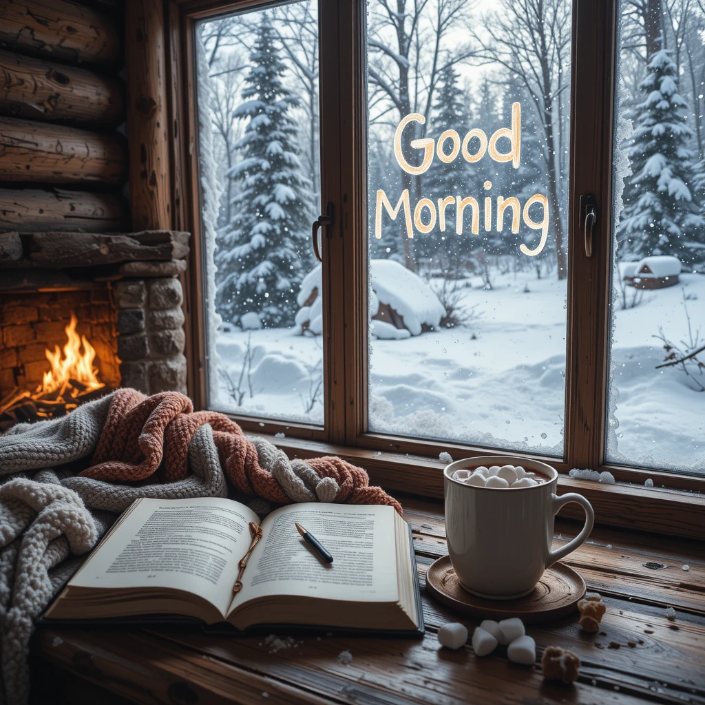Cozy Winter Morning by the Fireplace with Book and Hot Chocolate