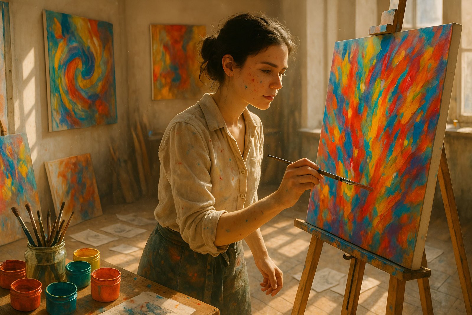 Creative Artist Painting Vibrant Abstract Artwork in a Bright Studio Environment