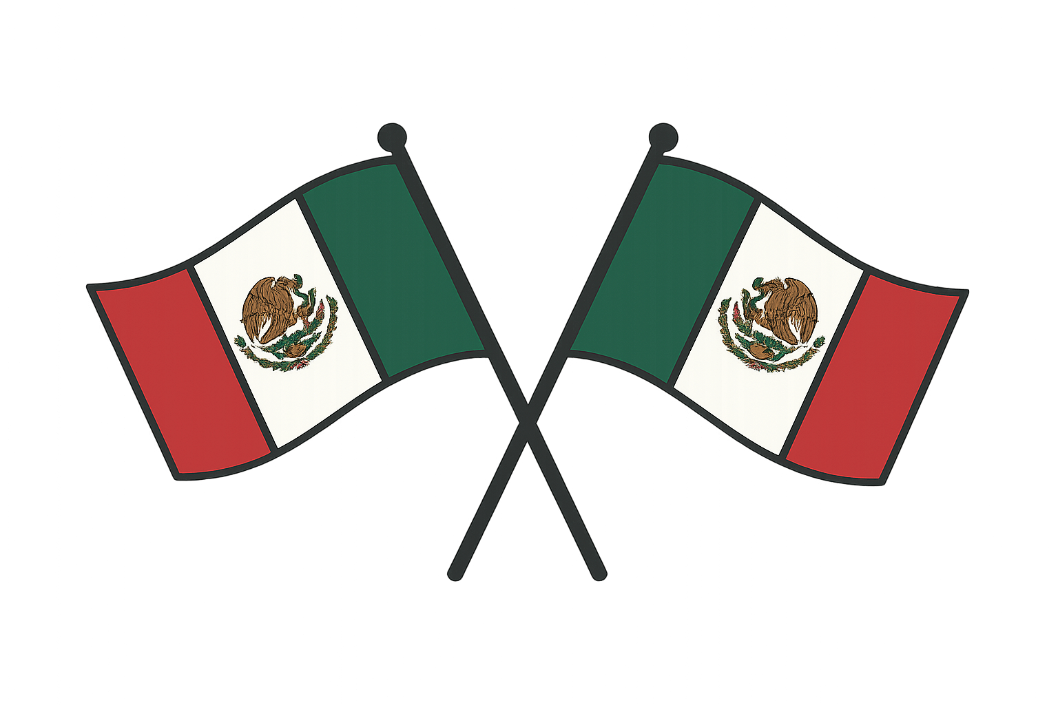Crossed Mexican Flags on Poles, Transparent Background