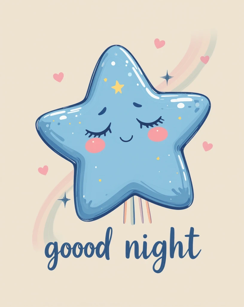 Cute Blue Star Illustration with Good Night Greeting and Hearts