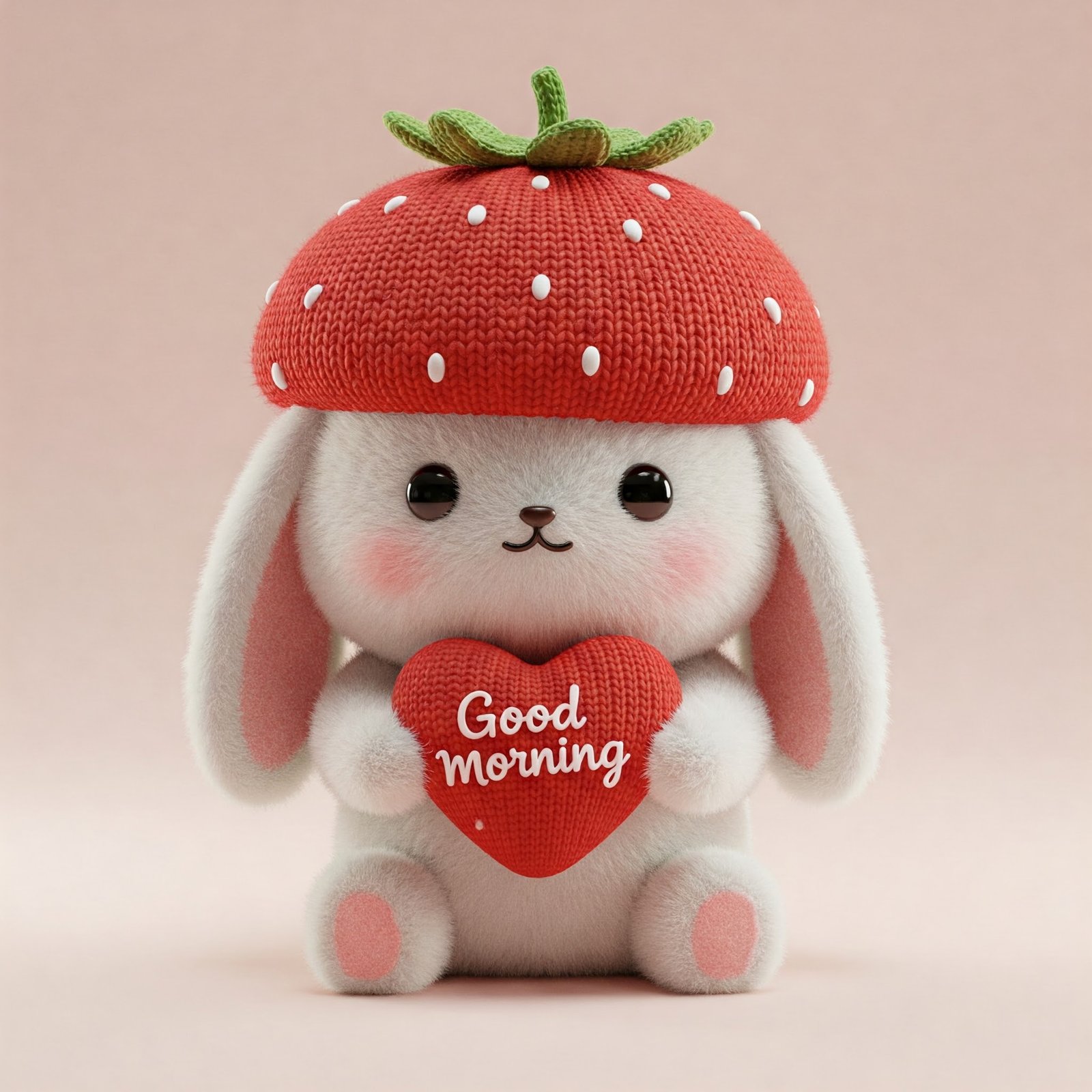 Cute Bunny Holding a Heart With Good Morning Message in Strawberry Hat