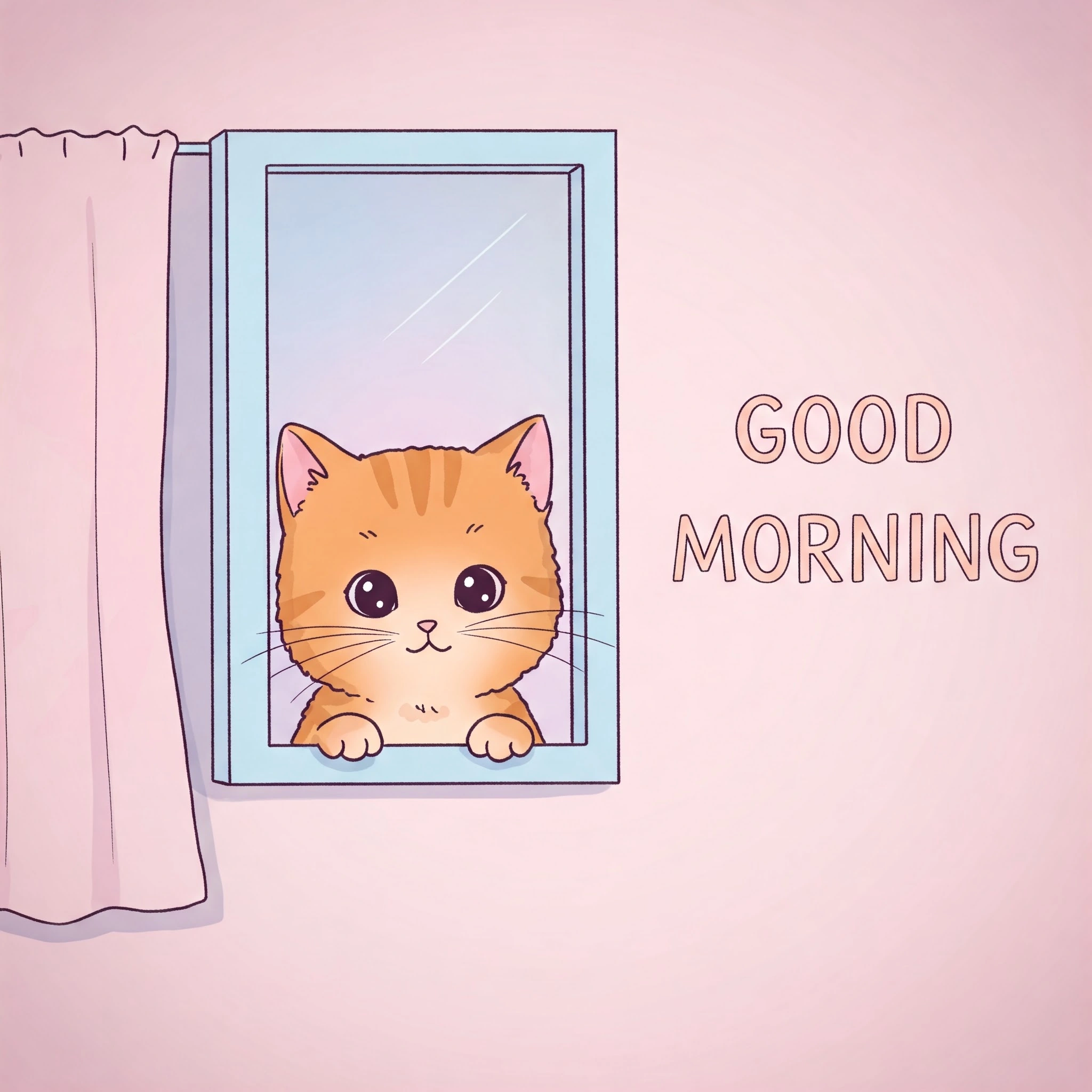 Cute Cartoon Cat Wishing Good Morning Through a Window