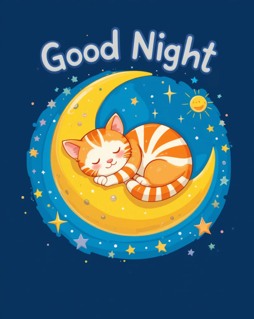 Cute Cat Sleeping on a Crescent Moon with Stars in a Night Sky