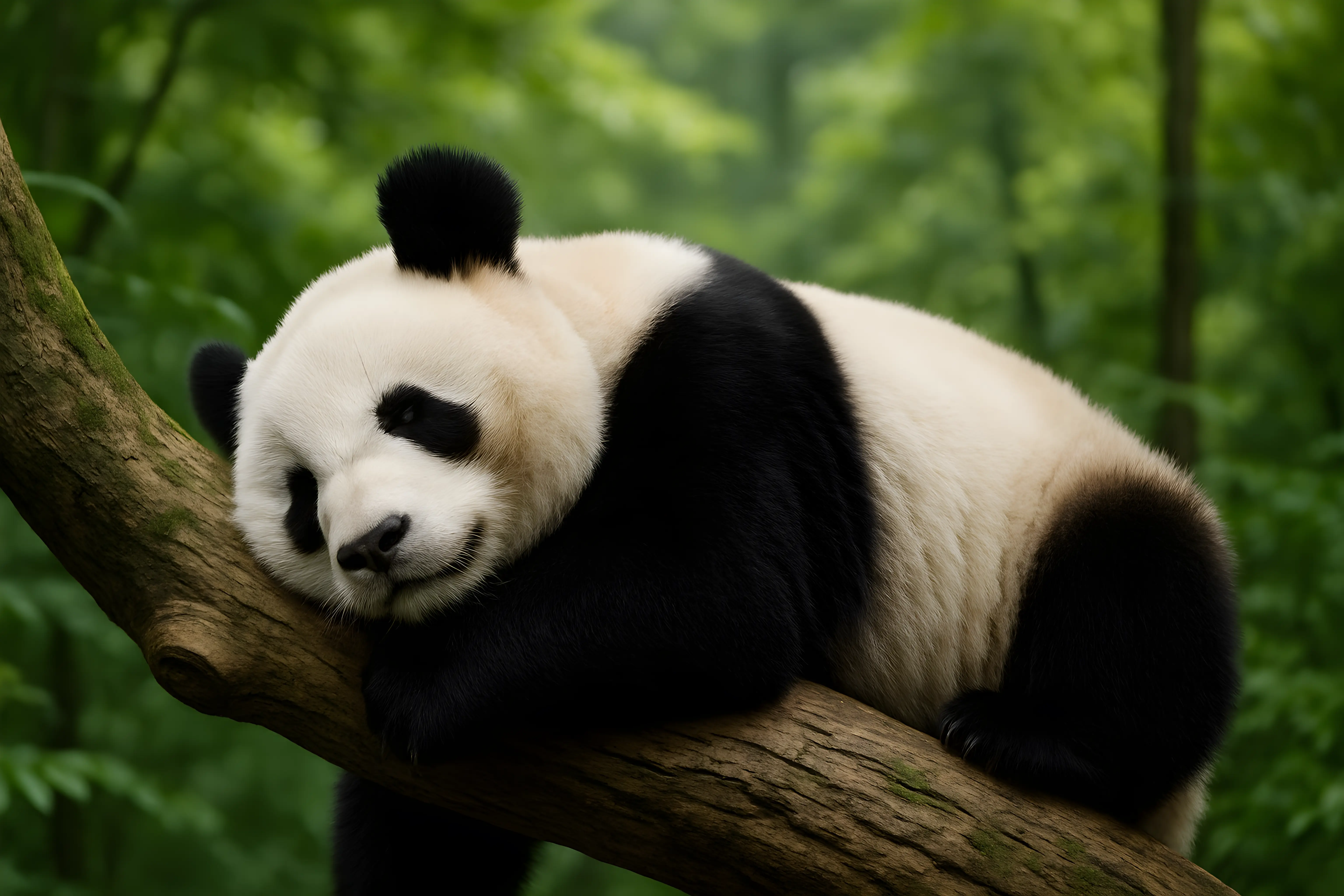 Cute Giant Panda Resting on a Tree Branch in a Forest