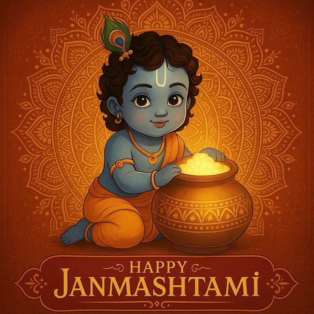 Cute Illustration of Baby Krishna Celebrating Janmashtami With Butter Pot and Mandala