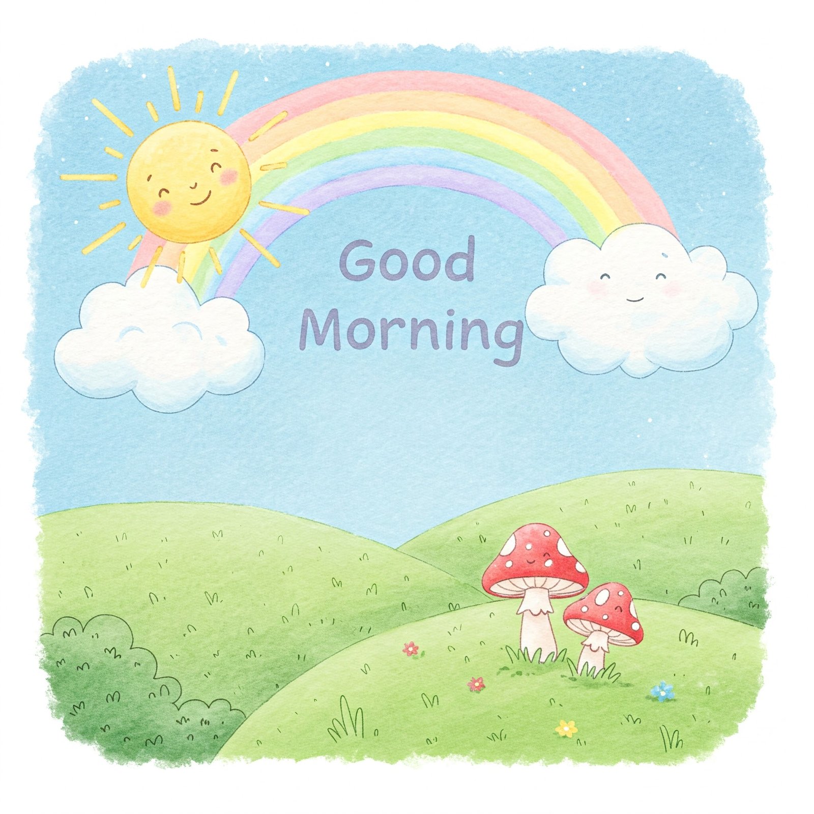Cute Morning Scene with Smiling Sun, Rainbow, and Cheerful Mushrooms