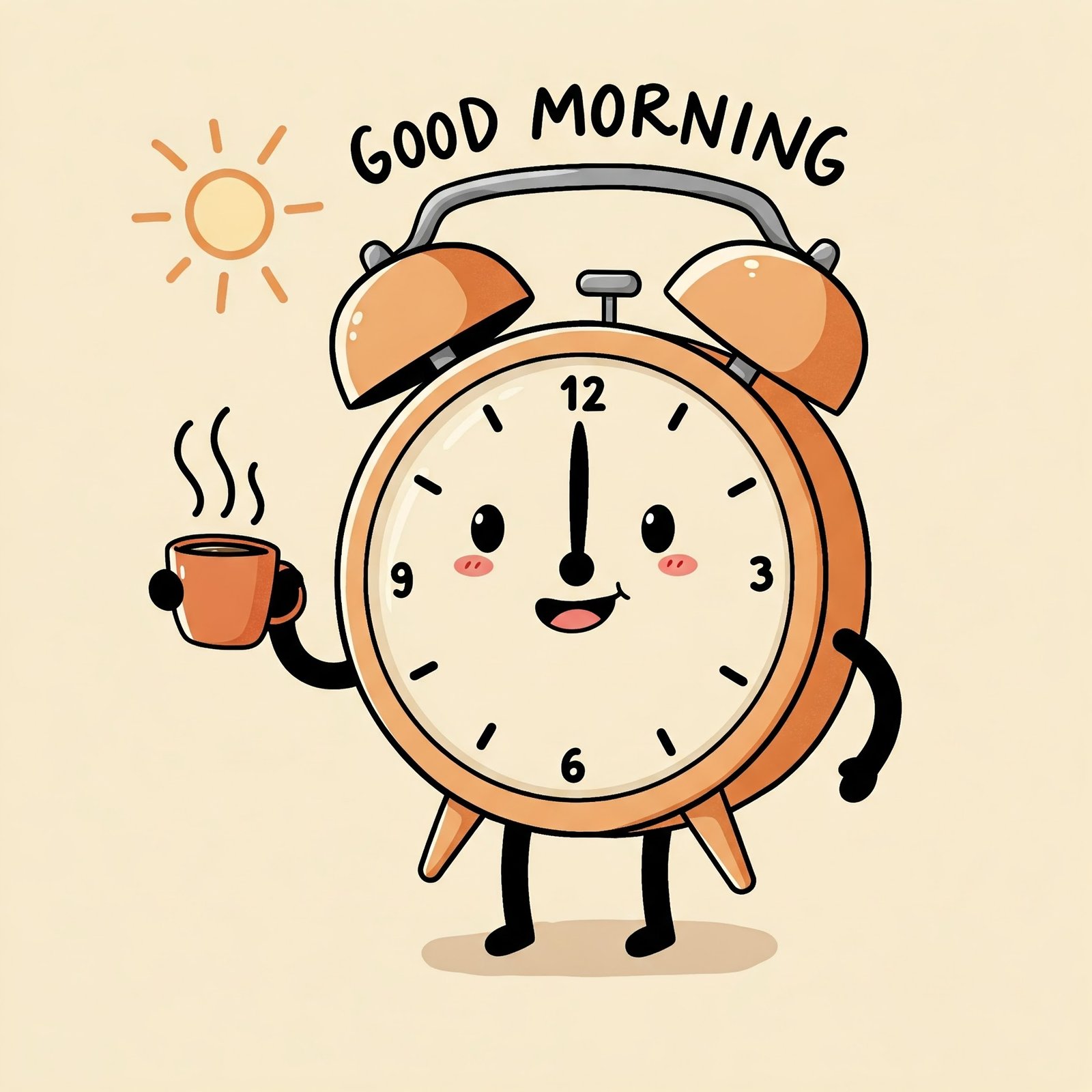 Cute Smiling Alarm Clock With Coffee Cup and Sun Illustration