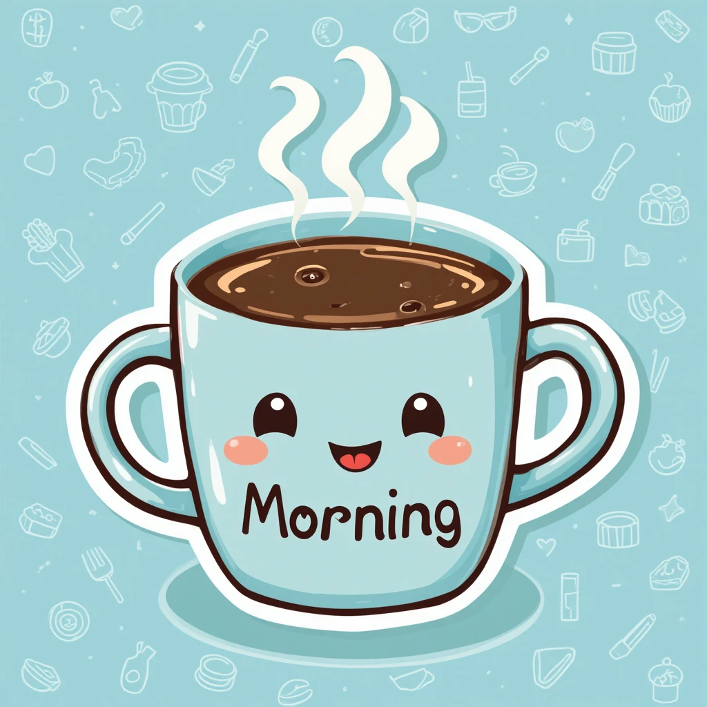 Cute Smiling Coffee Cup With Morning Typography and Blue Background