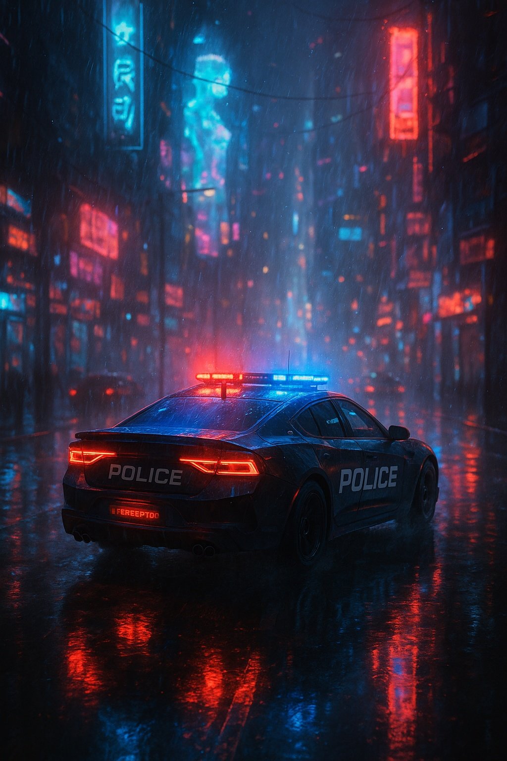 Cyberpunk Police Car Neon Rain Mobile Wallpaper